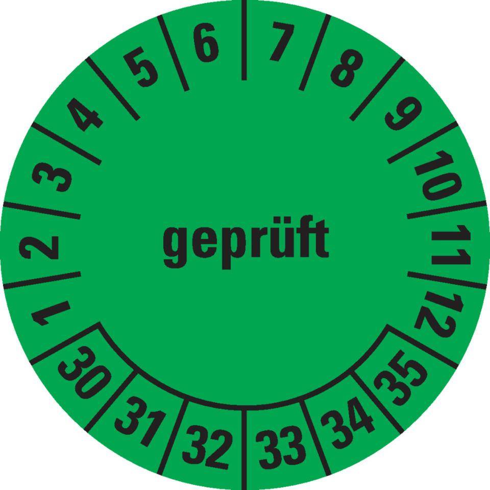 Prüfplakette geprüft 30-35, grün, Cellulose-Folie, selbsklebend,Ø 30mm, 18/Bogen