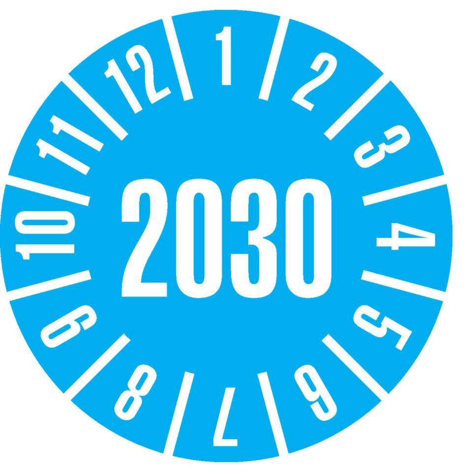 Prüfplakette 2030, hellblau, Schachbrettfolie, selbstklebend, Ø 30mm, 18/Bogen