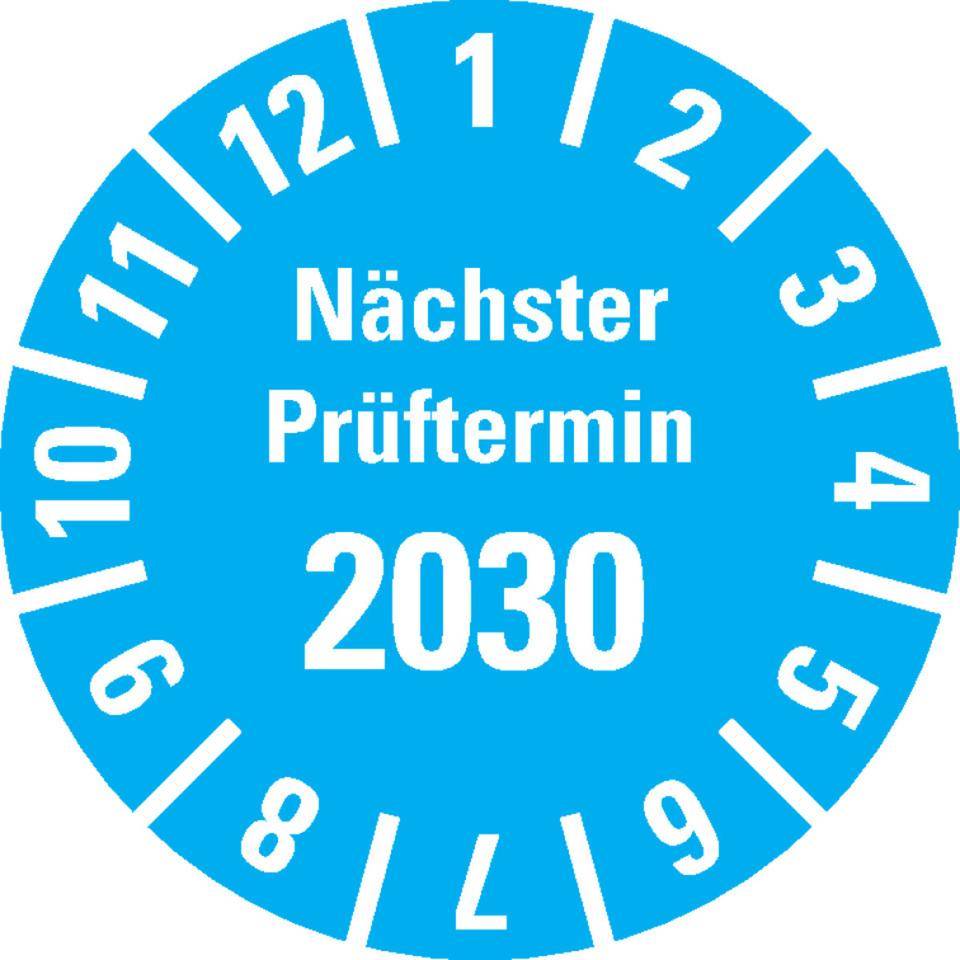 Prüfplakette Nächster Prüftermin 2030, hellblau, Polyesterfolie,SpezialfolieØ 20mm, 36/BOG