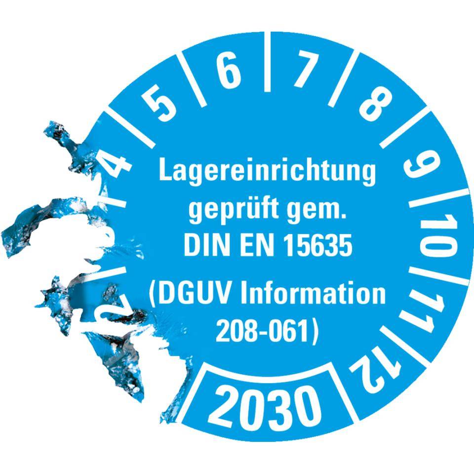 Prüfplakette Lagereinrichtung, DGUV Info.208-061, 2030, hellblau, Dokumentenfolie, Ø 30mm, 18/BOG