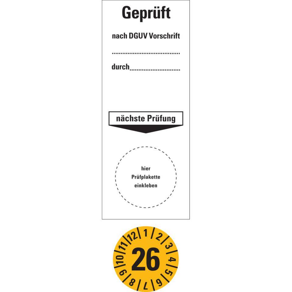 Sammelbogen Grundetikett Geprüft nach DGUV Vorschrift durch... Nächster Prüftermin 26, gelb