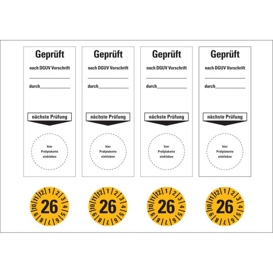 Sammelbogen Grundetikett Geprüft nach DGUV Vorschrift durch... Nächster Prüftermin 26, gelb