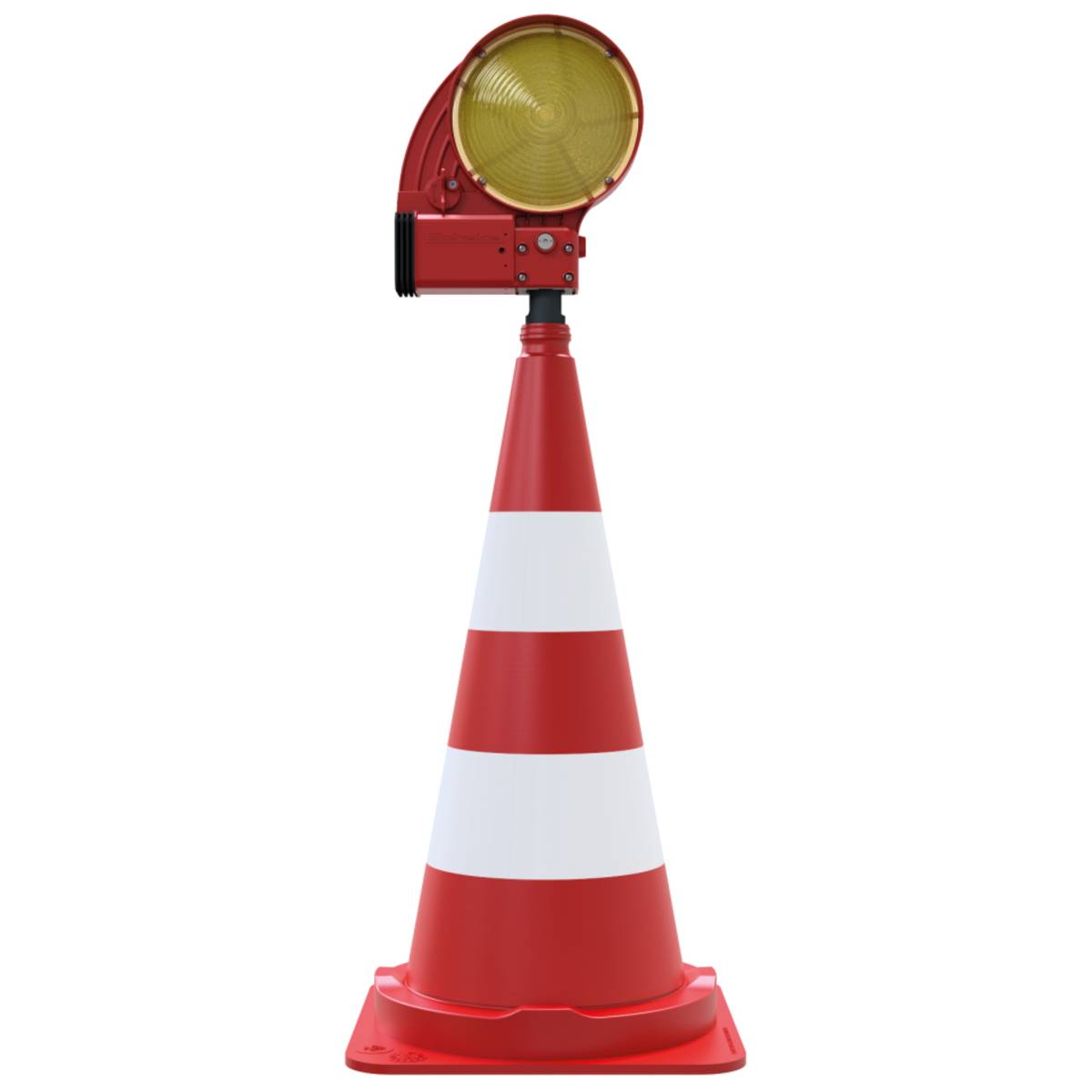 Ein rot-weiß gestreifter Verkehrskegel mit einem gelben Warnlicht oben, der für die Straßenverkehrssicherheit verwendet wird und Bau- oder Gefahrenbereiche anzeigt.
