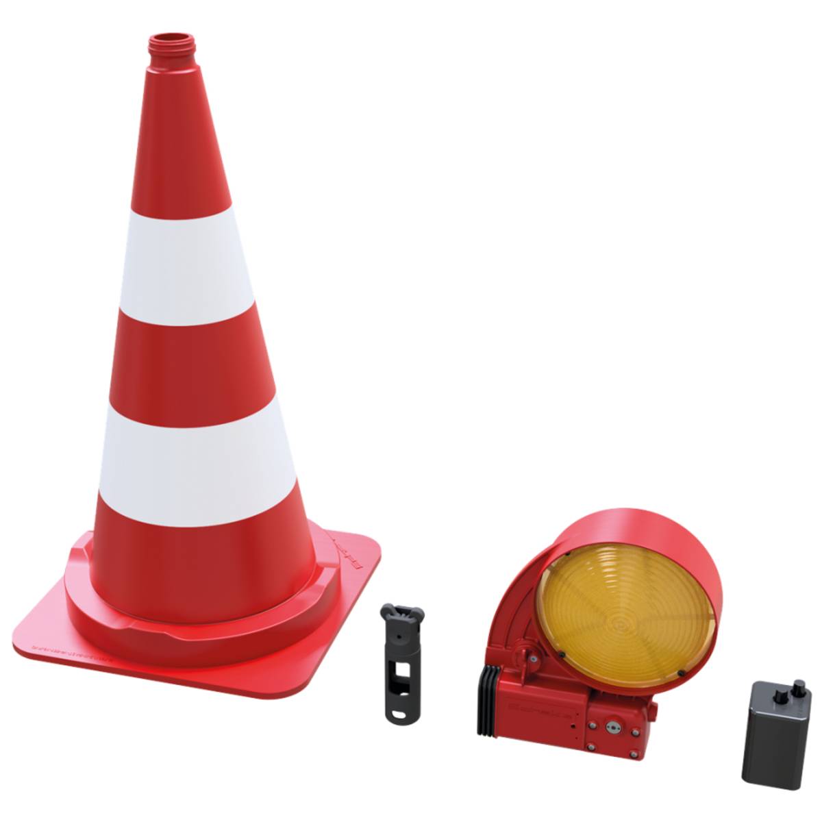 Roter Verkehrskegel mit weißen Streifen neben einem gelben Warnlicht und einer Batterie, die Straßensicherheitsausrüstung anzeigt.