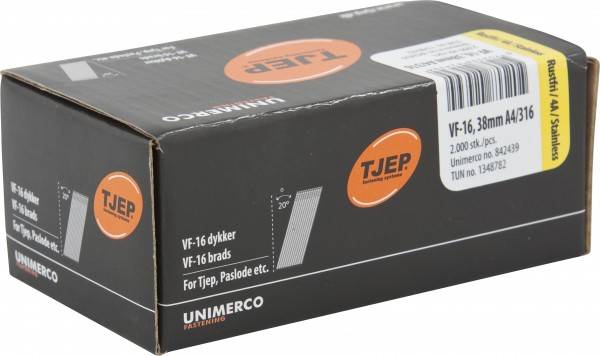 TJEP VF-16 Nägel und Stauchkopfnägel, kompatibel mit Tjep, Paslode; Schachtelabbildung mit Winkel und 2000 Stück.