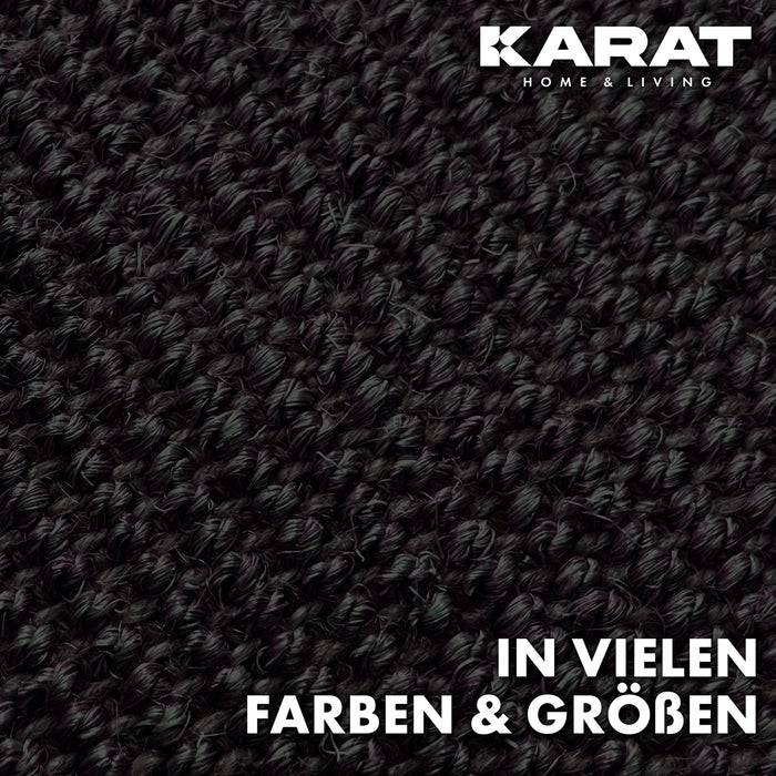 Nahaufnahme eines dunklen strukturierten Stoffs mit dem Text „In vielen Farben & Größen