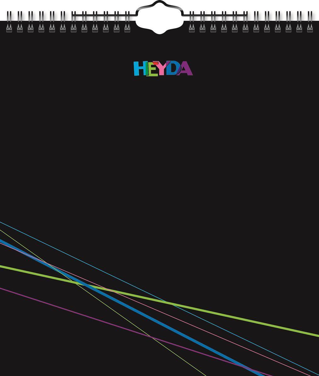 Ein schwarzer Umschlag mit farbenfrohen diagonalen Linien am unteren Rand und dem Wort „HEYDA