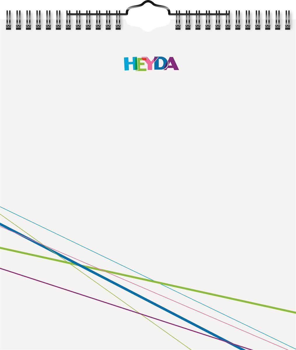 Eine leere Kalenderseite mit farbigen, diagonalen Linien am unteren Rand, oben mit der Aufschrift „HEYDA