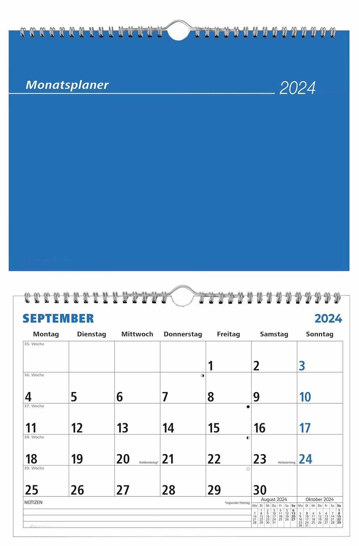 September 2024' Kalendenseite, zeigt Wochen, die mit Montag beginnen. Fokus auf Datumsangaben 1 bis 16. Blauer Header oben.