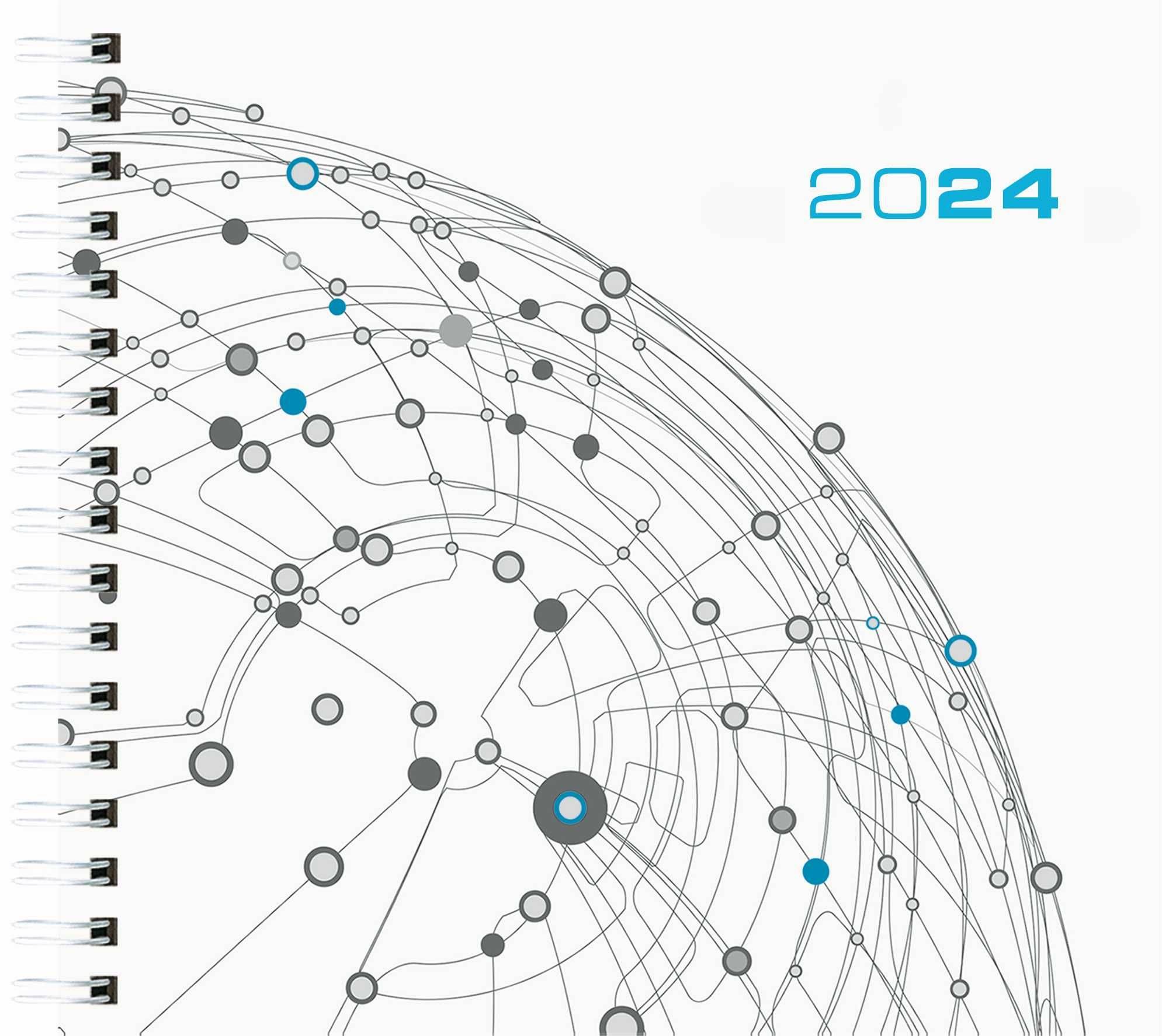 Ein digitales, abstraktes Netzwerk aus miteinander verbundenen Knoten und Linien, das Konnektivität und Technologie symbolisiert, mit der Nummer „2024