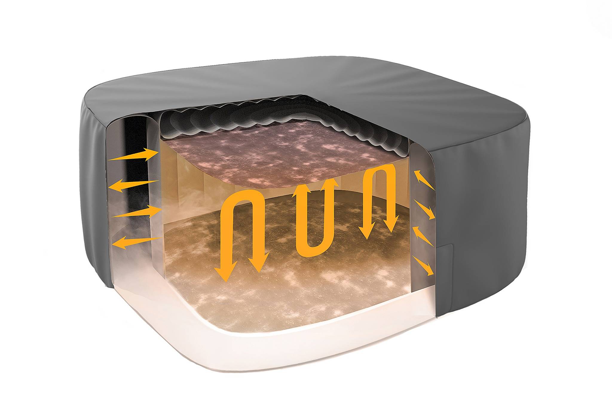 Schnittansicht eines Schnellkochtopfs mit Pfeilen, die die Wärmezirkulation im Inneren zeigen und veranschaulichen, wie er Lebensmittel gleichmäßig und effizient gart.