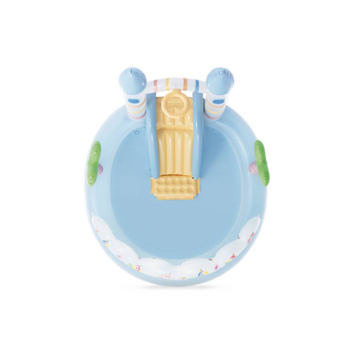 Draufsicht auf ein babyblaues aufblasbares Kinderbecken mit einer angebrachten Rutsche, zwei Türmen und Wolkendesigns an der Basis, geeignet für kleine Kinder.