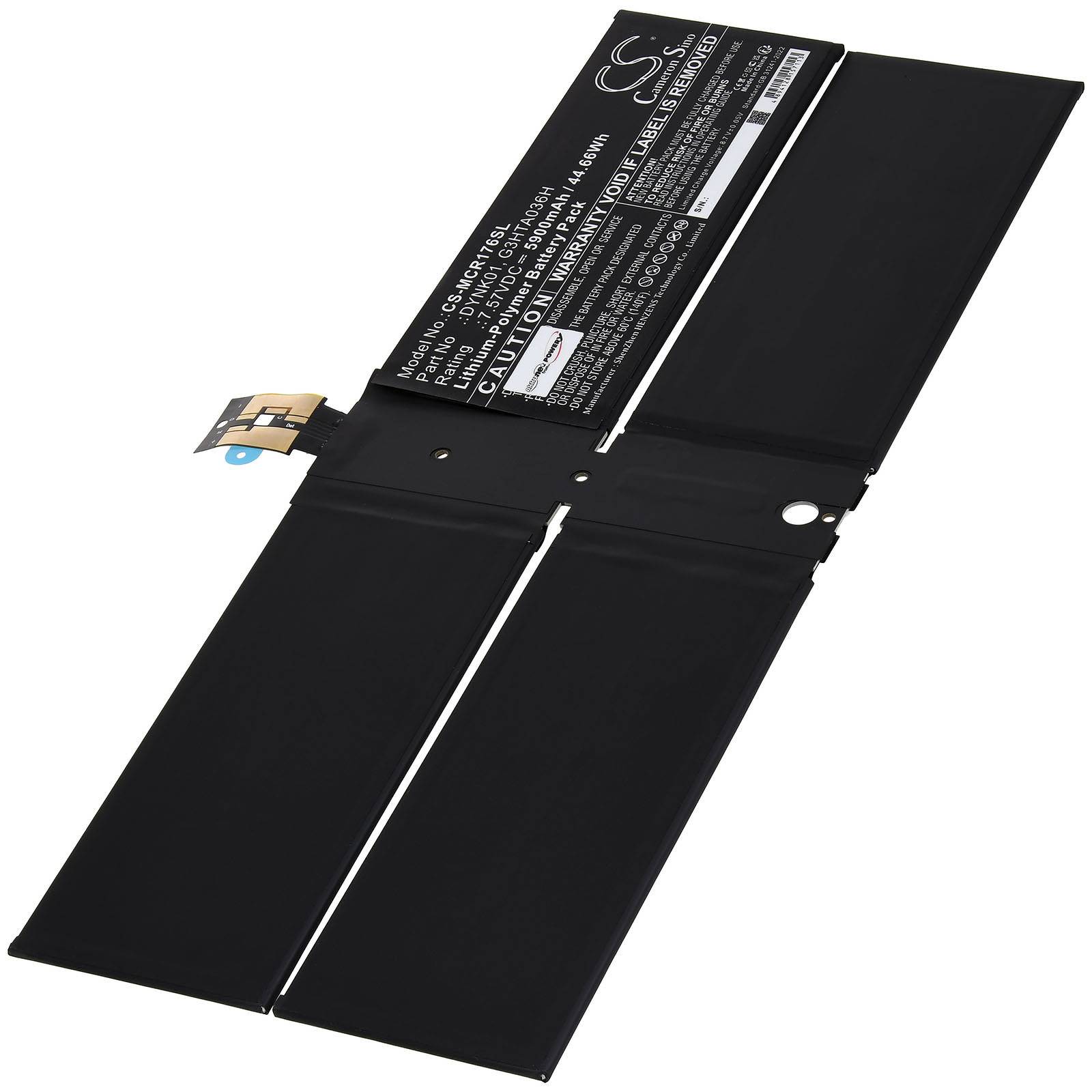 Rechteckige schwarze Batterie mit weißem Text auf dem Etikett, das Spezifikationen zeigt. Schlankes, flaches Design mit angebrachtem Anschluss.