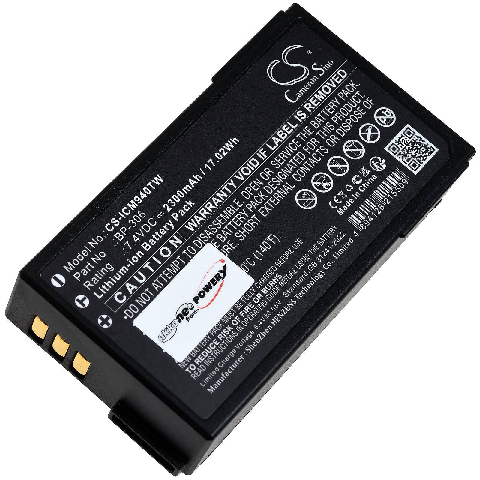 Eine schwarze wiederaufladbare Batterie mit den aufgedruckten Spezifikationen: Modellnummer: CS-CMJ403TW, 2300mAh, 17.02Wh, Li-Ion, 7.4V.