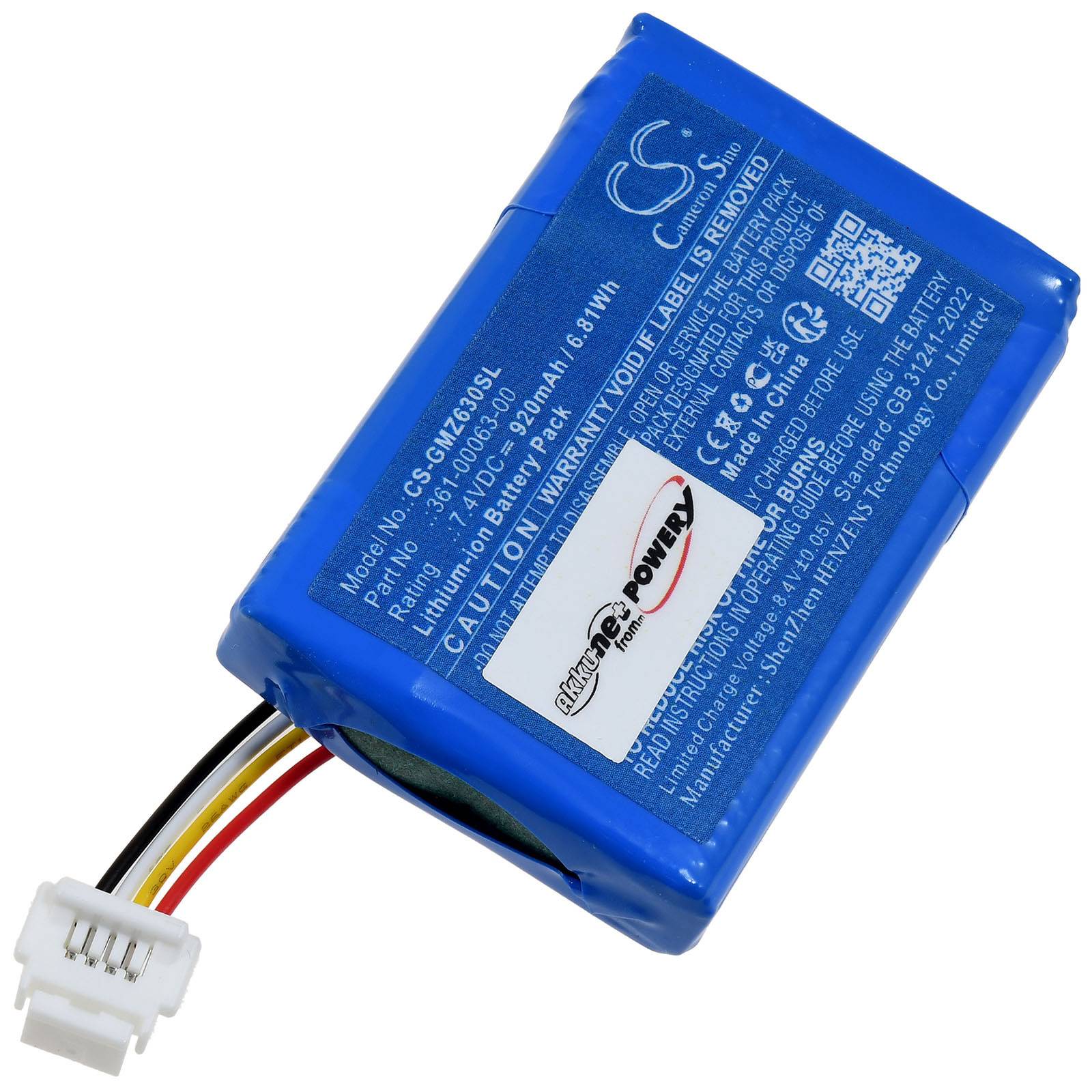 Ein blauer wiederaufladbarer Batteriepack mit weißem Stecker und vier farbcodierten Drähten. Der Text zeigt Spezifikationen und Zertifizierungslogos.