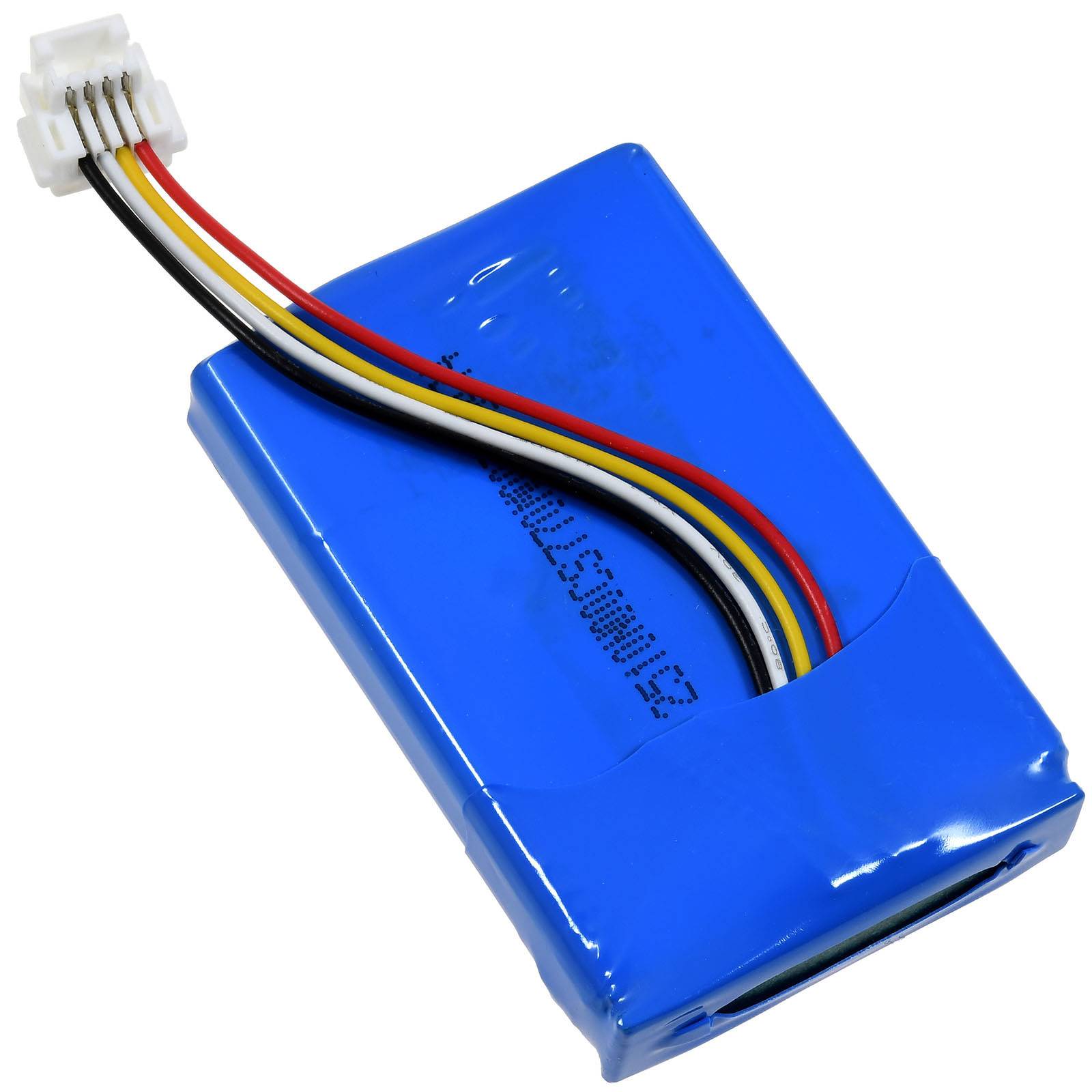 Eine blaue Lithium-Polymer-(LiPo)-Batterie mit vier farbigen Drähten, einschließlich rot, schwarz, weiß und gelb, die in einem weißen Stecker enden.