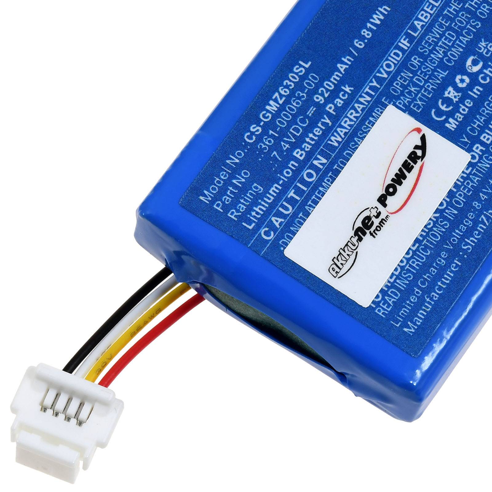 Ein blauer Lithium-Ionen-Akku mit weißem Stecker verfügt über vier farbige Kabel (rot, schwarz, weiß, gelb) und Sicherheitshinweise auf dem Etikett.