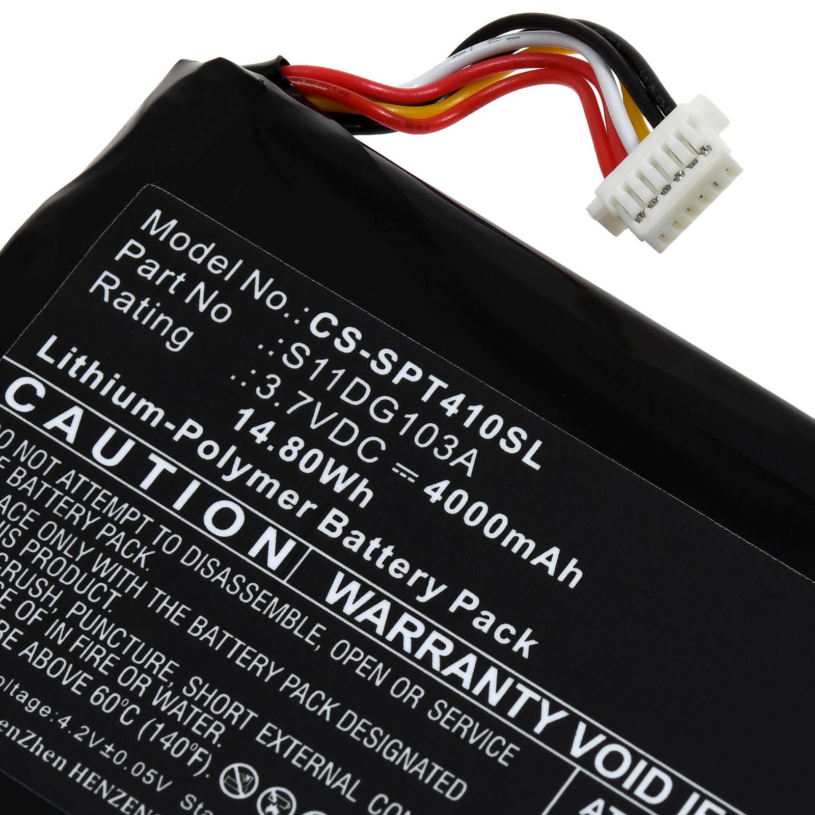 Ein Lithium-Polymer-Akkupack mit der Modellnummer CS-SPT410SL, einer Spannung von 3,7V und einer Kapazität von 1400mAh mit Warntext.