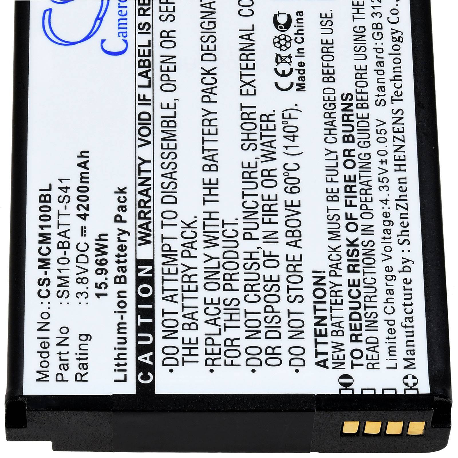Batteriepaket mit Modell 'CS-MCM10BL', 3,9V, 10,41Wh. Warnhinweise: Feuer, Hitze und Durchstiche vermeiden. Verwenden Sie ein geeignetes Ladegerät. Gemäß Anleitung entsorgen.
