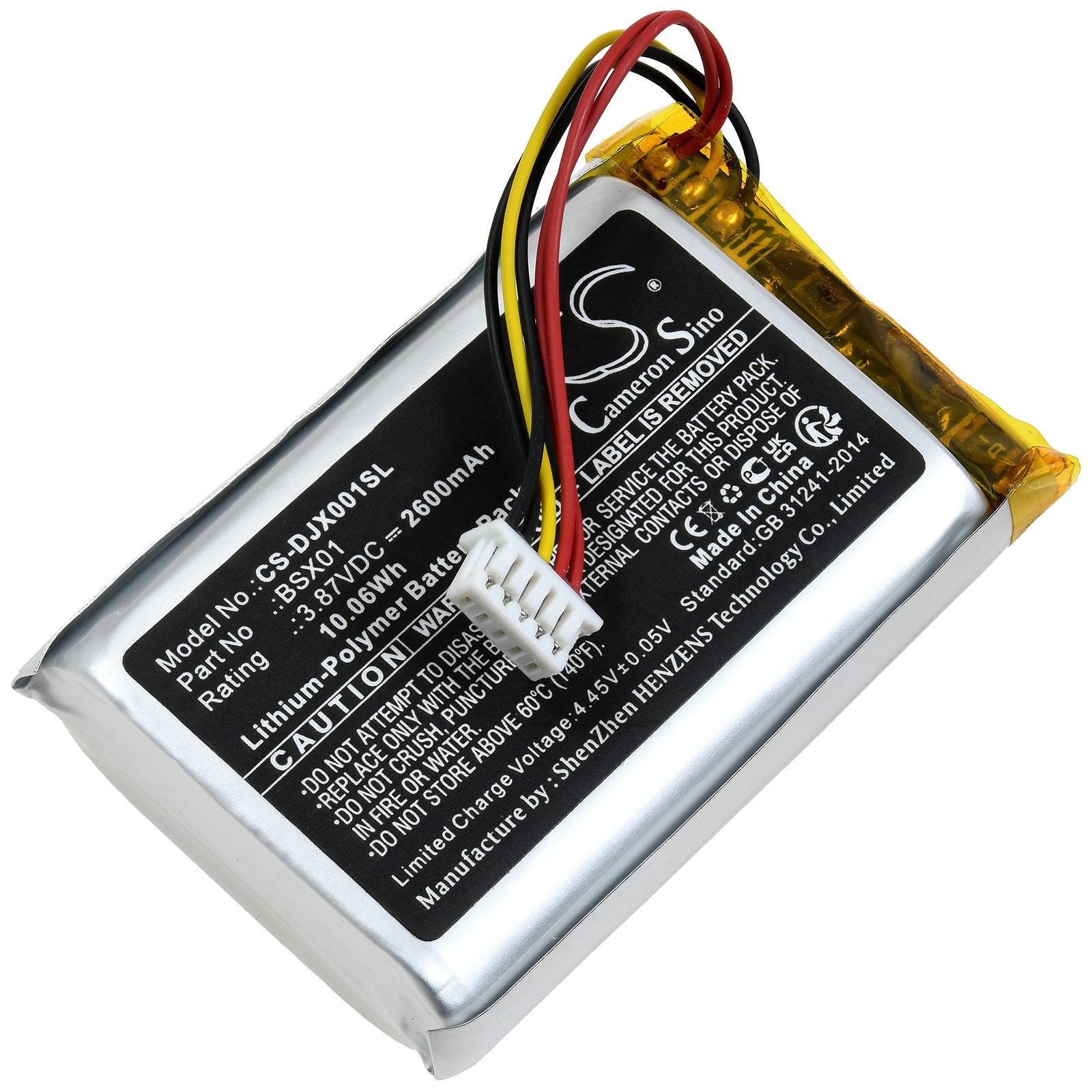 Eine Lithium-Polymer-Batterie mit Modellnummer CS-DJX001SL, Kapazität von 2600mAh und Spannungsrating von 3,7V, ausgestattet mit mehrfarbigen Drähten.