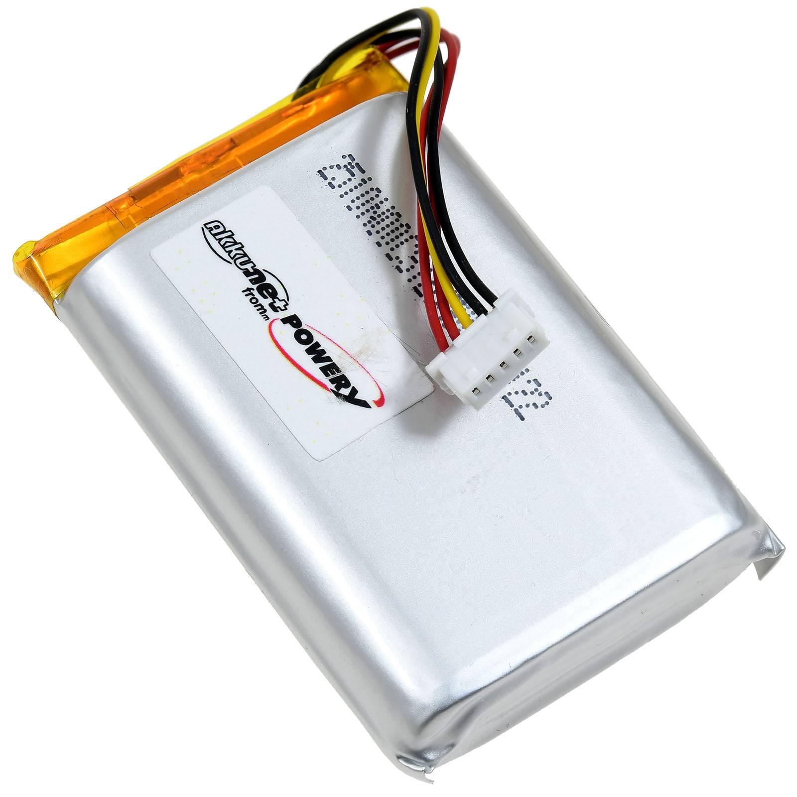 Ein rechteckiges Lithium-Polymer-Akkupack mit Drähten und einem Stecker, gekennzeichnet mit „POWERLY