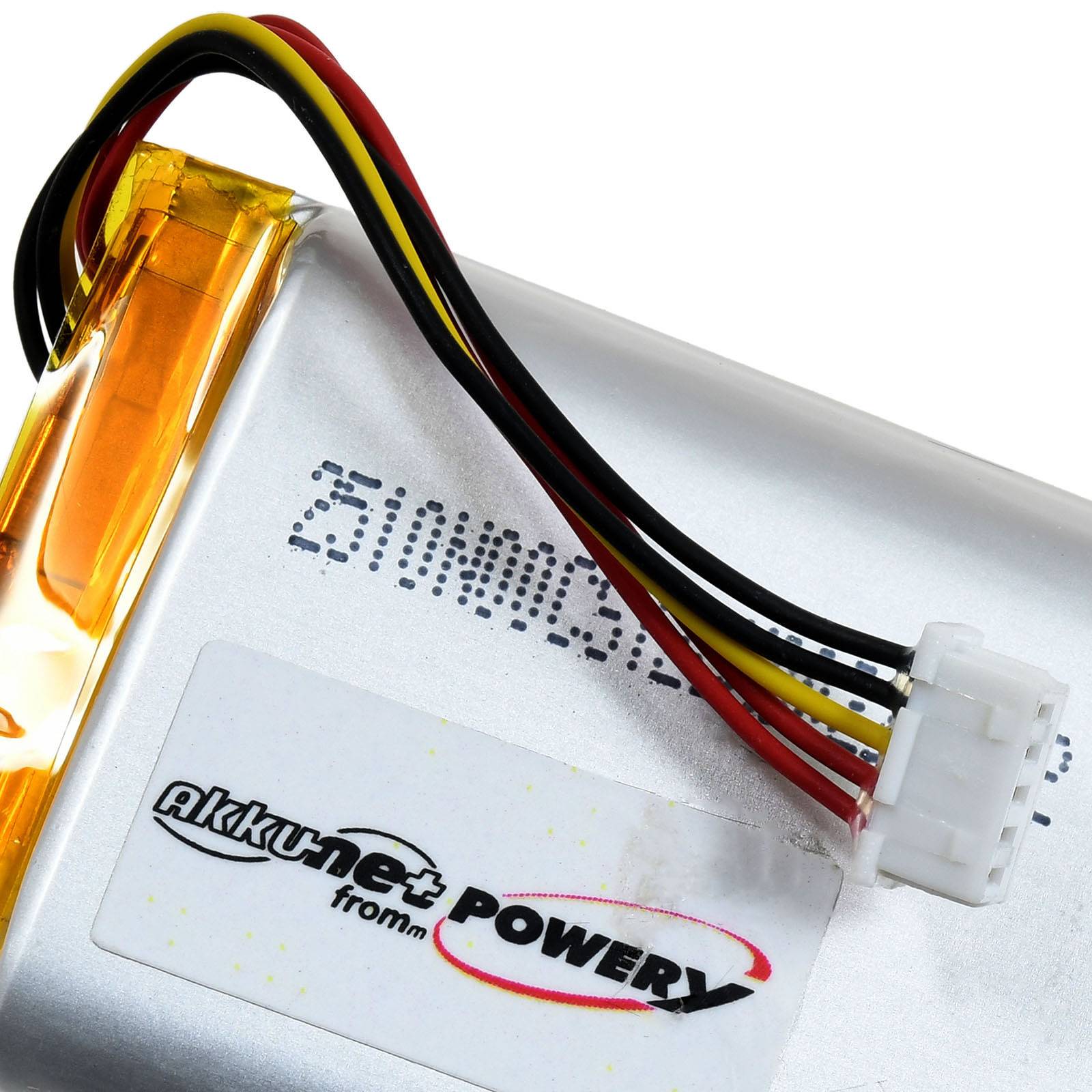 Eine Nahaufnahme einer Lithium-Polymer-Batterie mit angebrachten Drähten und einem Anschluss, beschriftet mit „Akku net Power