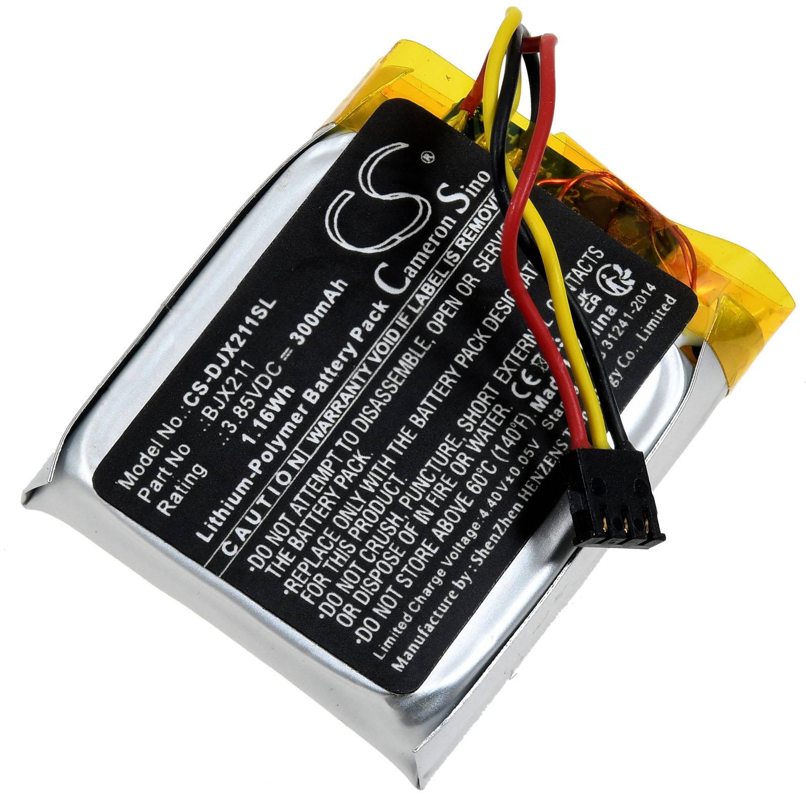 Ein Lithium-Polymer-Akku mit Kabeln und Stecker, Modellnummer CS-JDV312SL, 3,7V, 300mAh, mit Sicherheitshinweisen abgebildet.