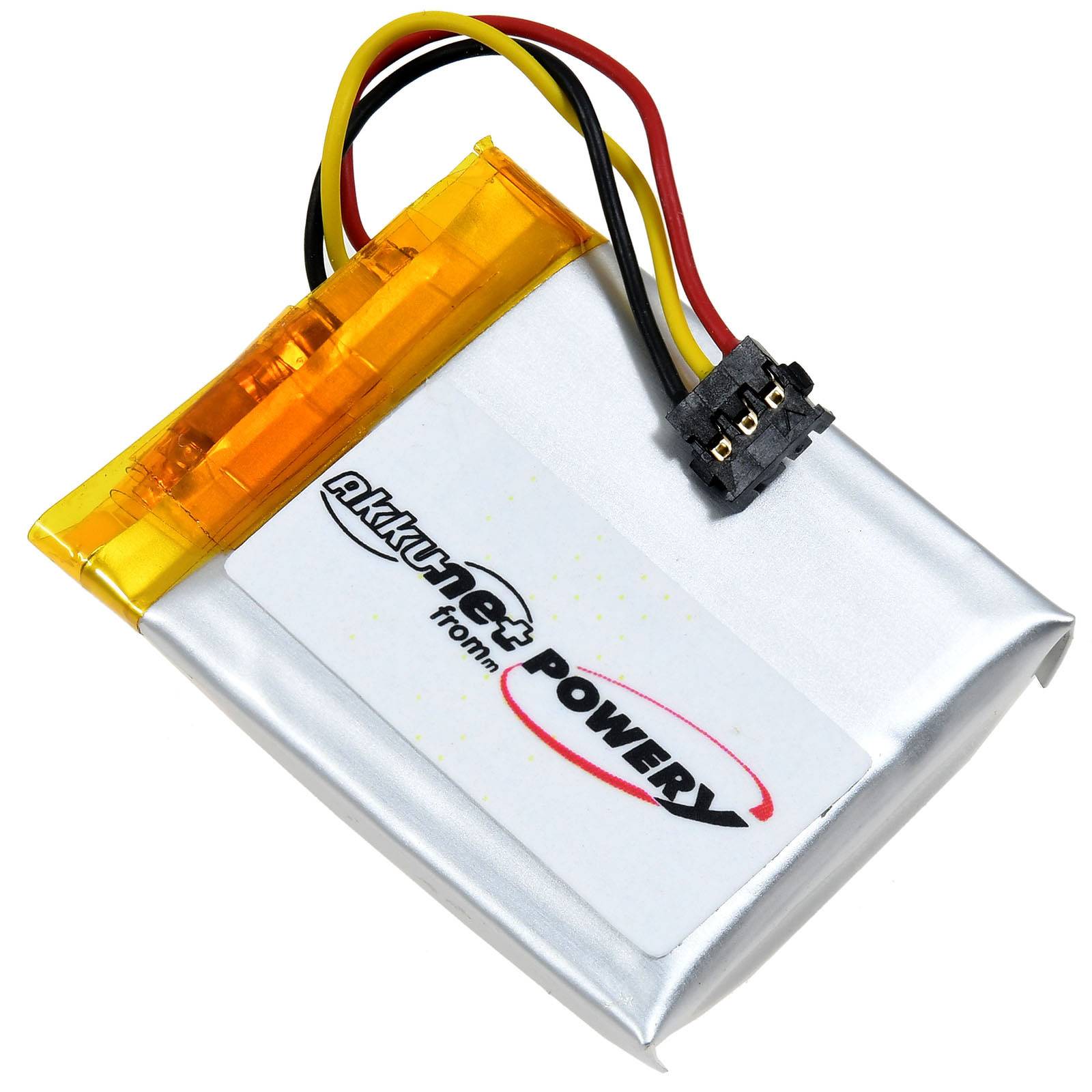 Eine silberne wiederaufladbare Batterie mit drei Drähten – rot, schwarz und gelb – die herausführen, gekennzeichnet mit „Akkupack von Power