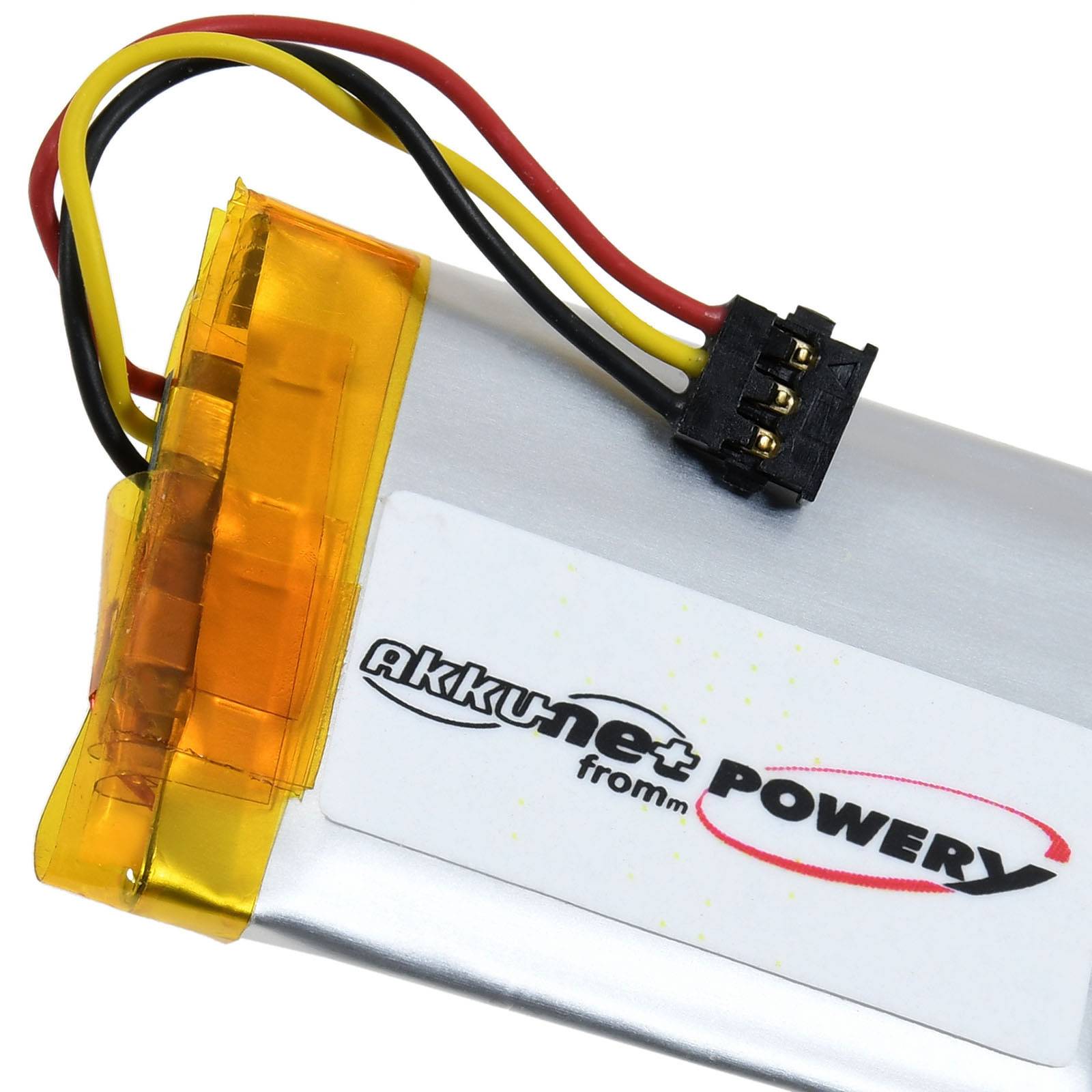 Ein Lithium-Polymer-Akku mit roten, schwarzen und gelben Drähten. Er hat ein weißes Etikett mit dem Logo „Akkunet power