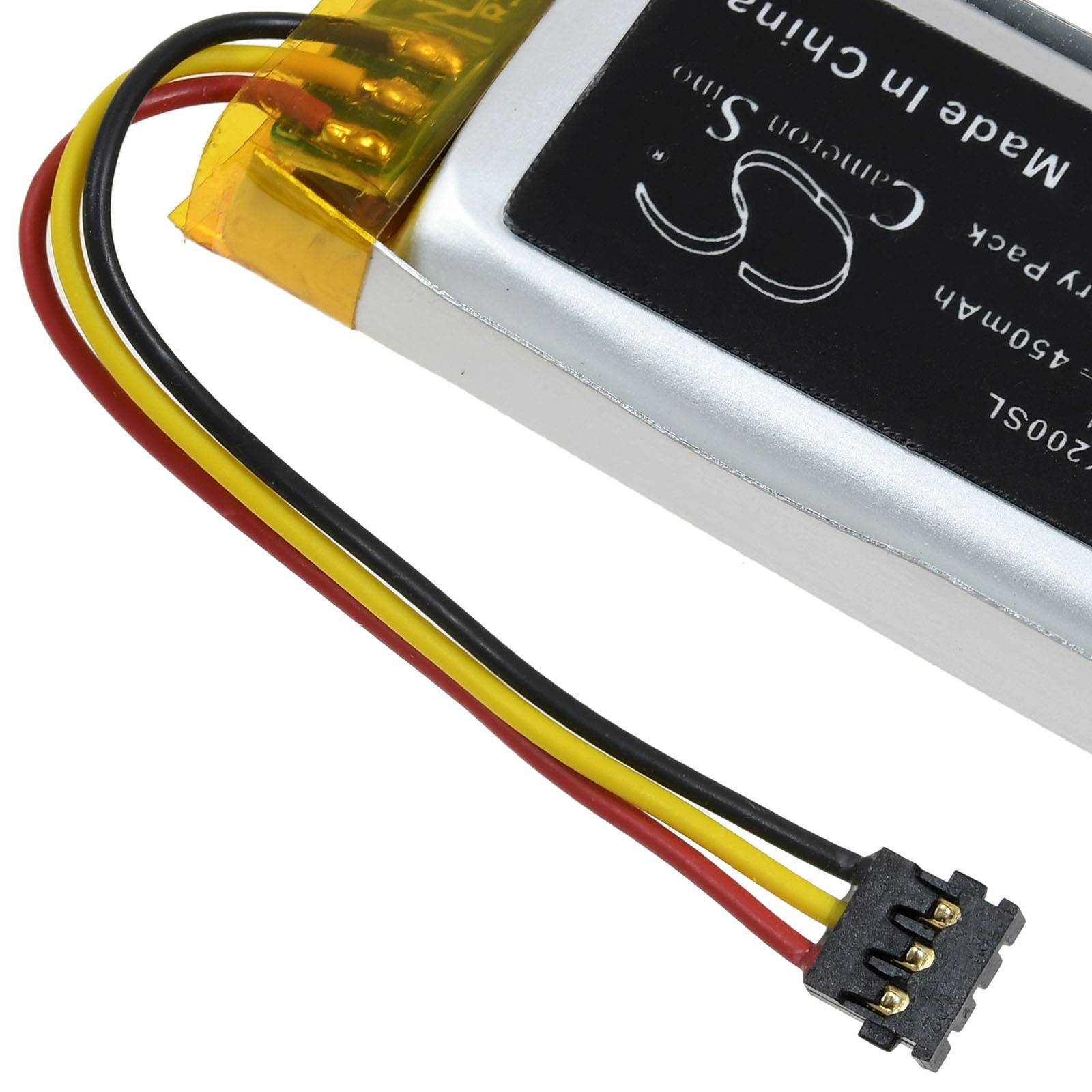 Eine kleine rechteckige Lithium-Polymer-Batterie mit roten, gelben und schwarzen Drähten, die in einen Stecker münden. Das Etikett trägt die Aufschrift „Made in China".