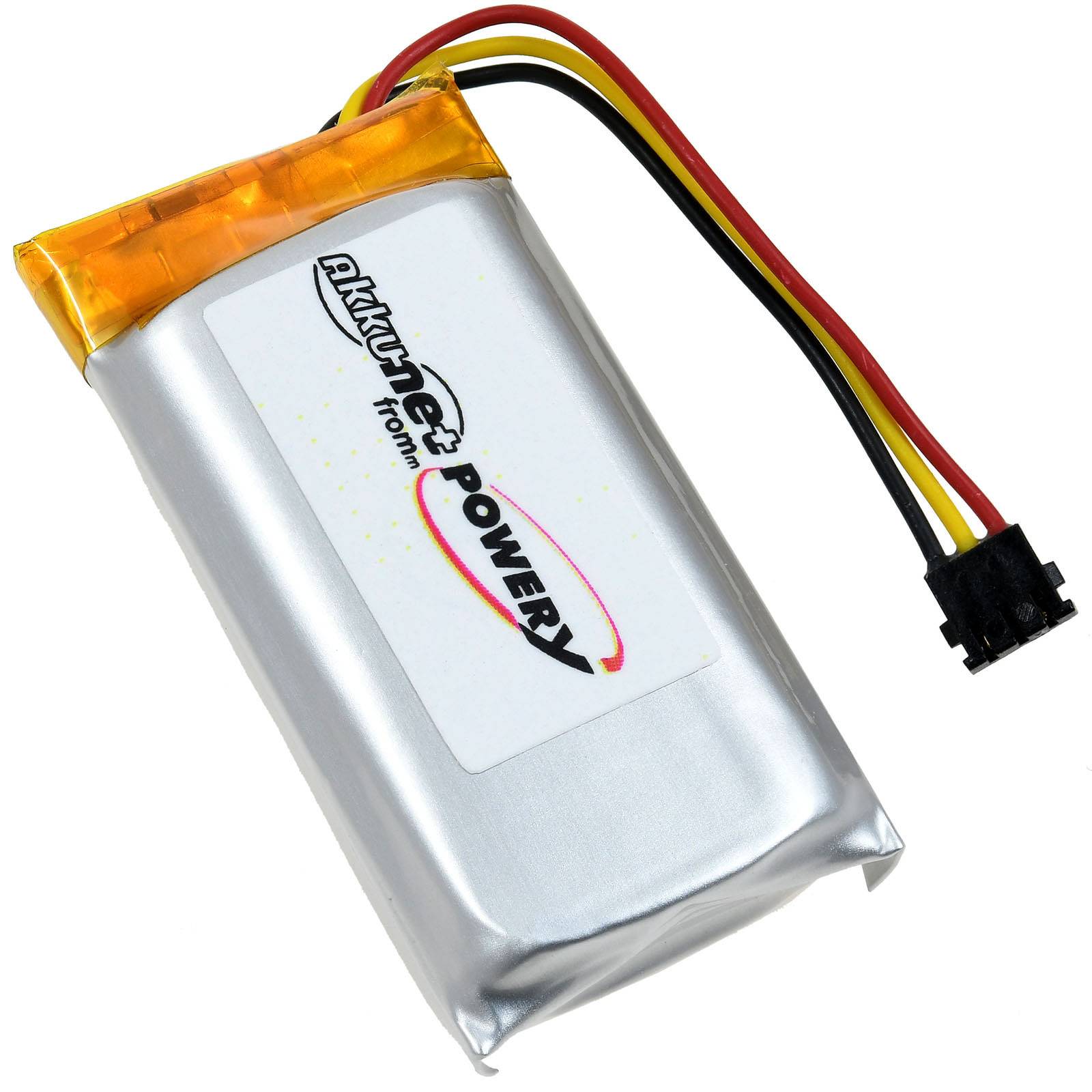 Ein rechteckiger Lithium-Akku mit roten, schwarzen und gelben Drähten. Das Etikett lautet „Akku Power".
