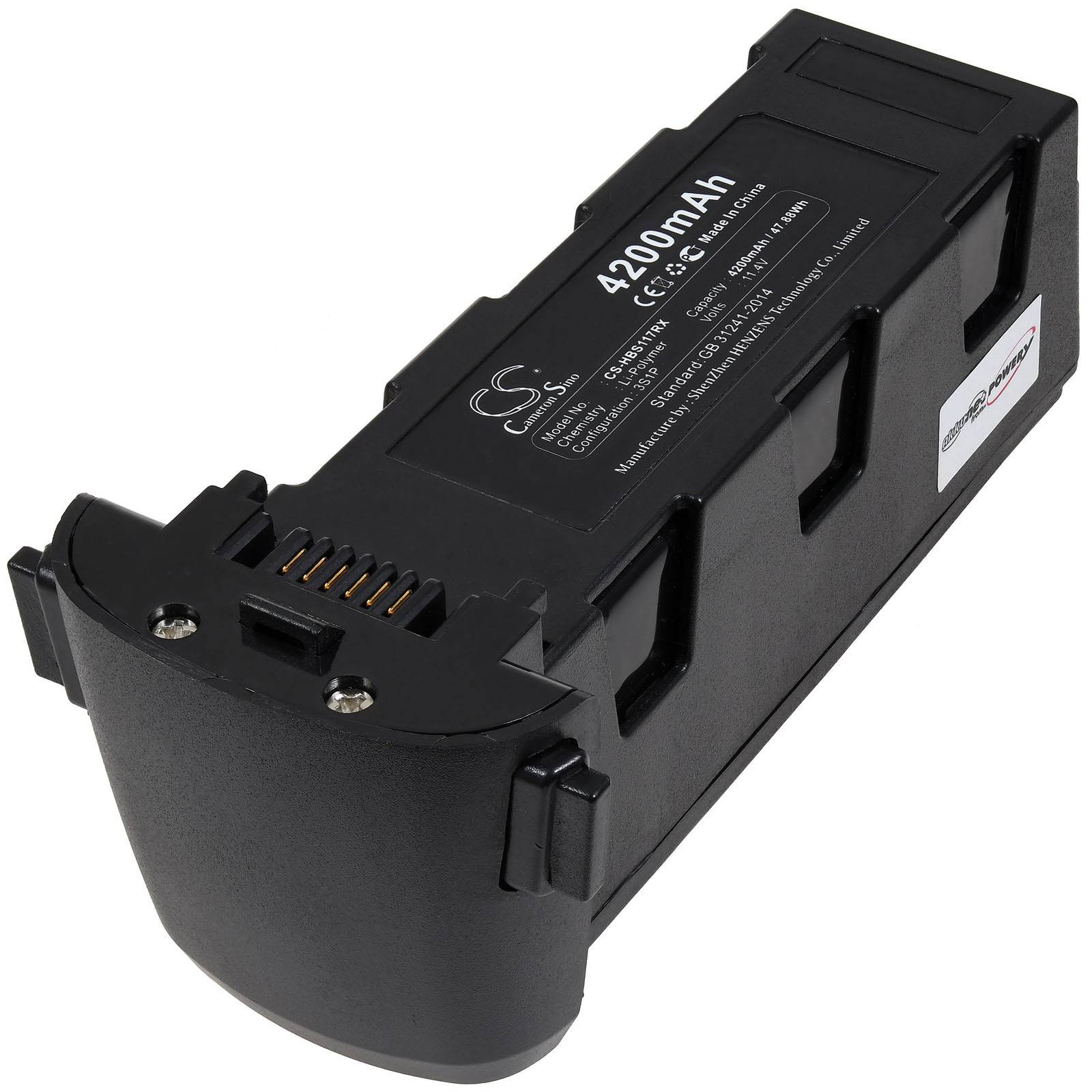 Eine rechteckige 4200-mAh-Batterie mit Verbindungsstiften wird gezeigt. Sie ist schwarz mit einem Etikett, das Spezifikationen anzeigt und sich für elektronische Geräte eignet.