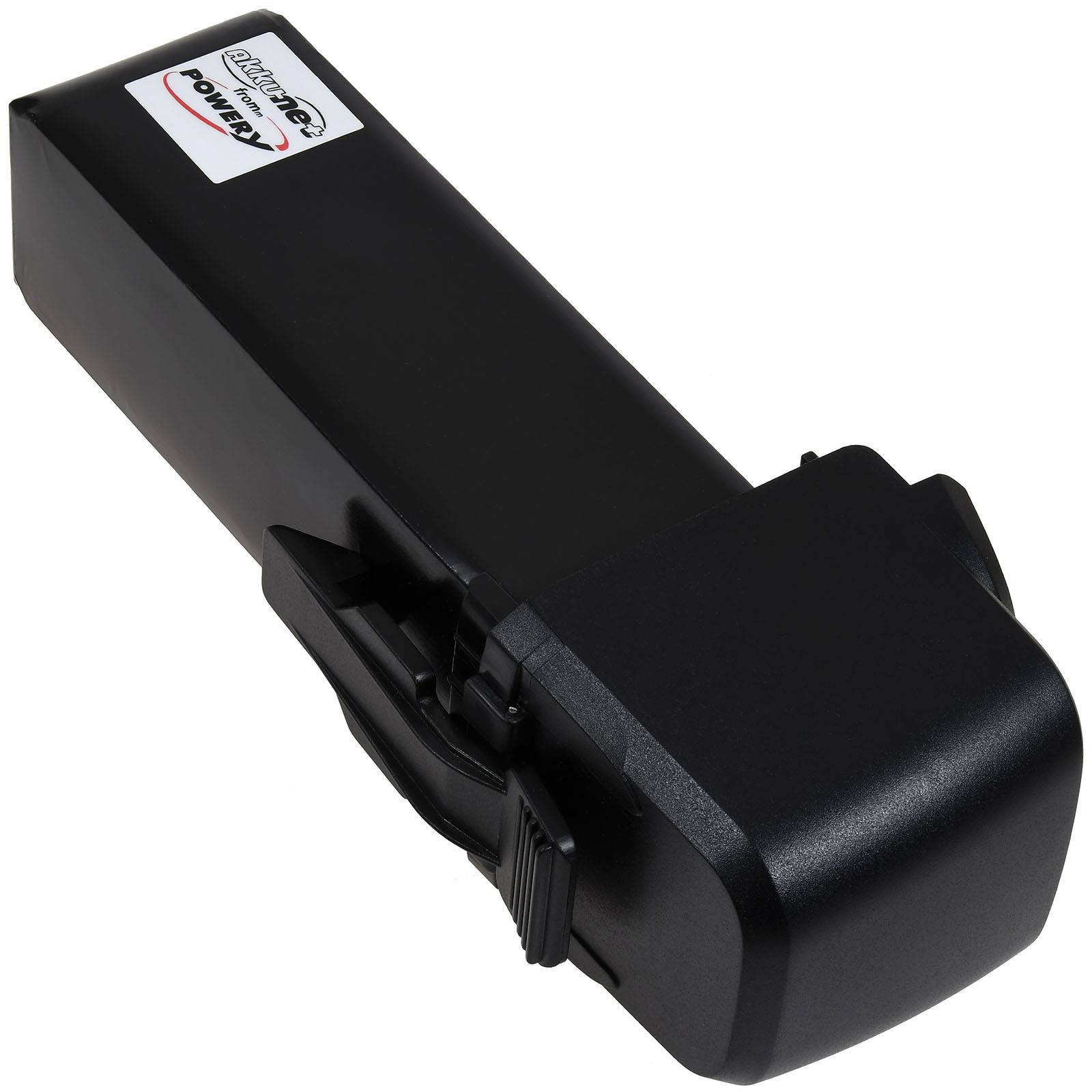Ein rechteckiges schwarzes Batteriepack mit einer Verriegelung und einem Etikett mit der Aufschrift „Power Pro