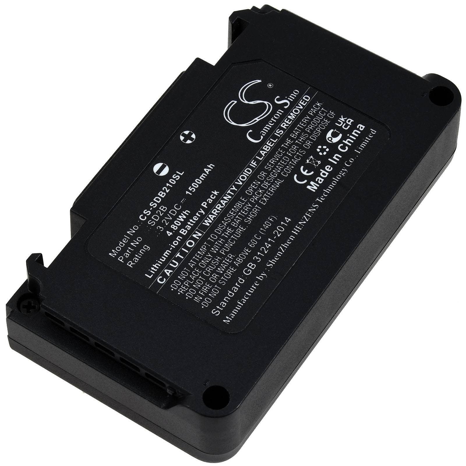 Batterieetikett mit Spezifikationen: Modell: CS-SQB210SL, Typ: Li-Ion, Kapazität: 7,4V, 1500mAh, 11,10Wh, Garantie erlischt bei Entfernung des Etiketts.