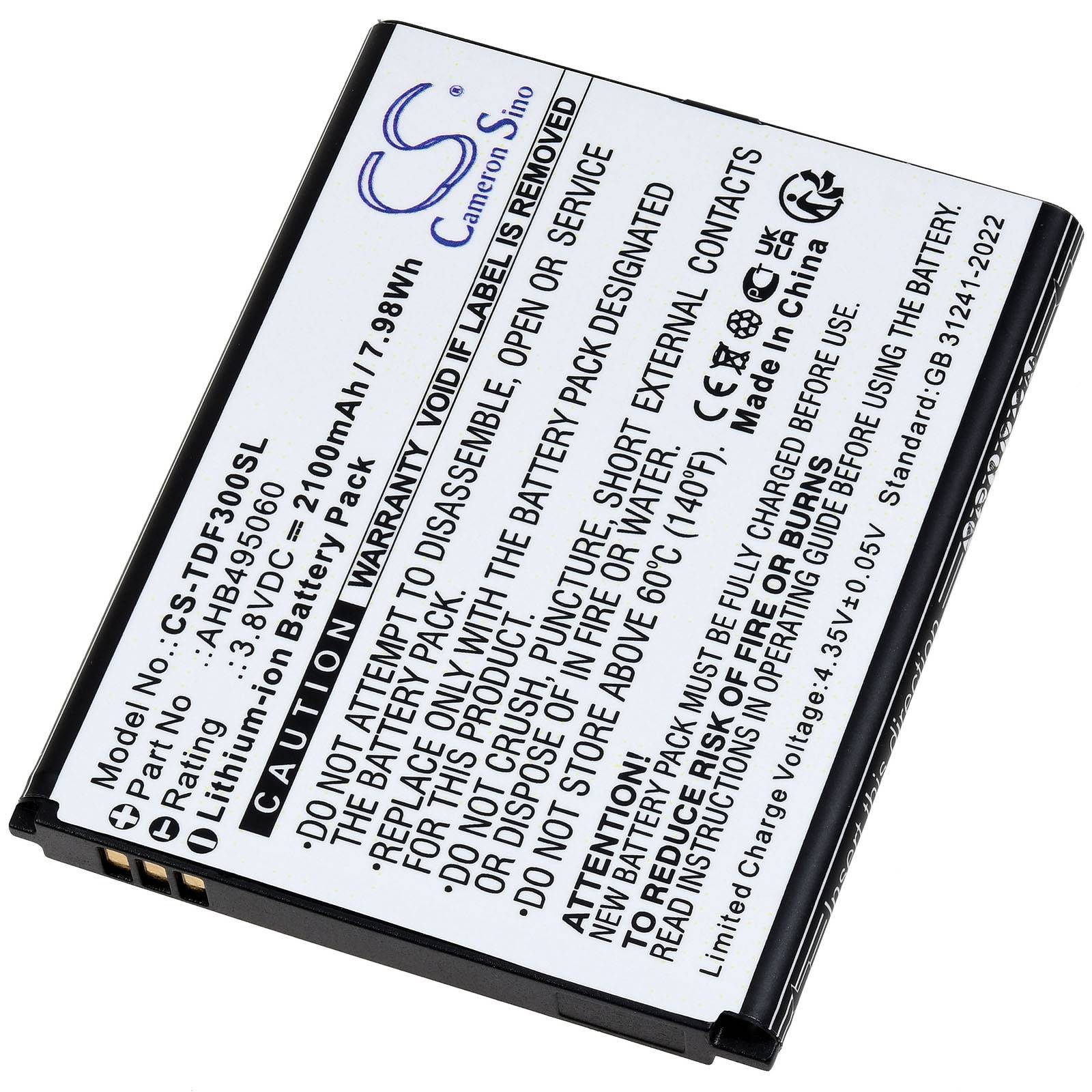 Lithium-Ionen-Akku mit Text, das eine Kapazität von 2100mAh angibt, Modellnummer CS-TDP350SL. Enthält Warnungen vor Demontage und Wärmeeinwirkung.