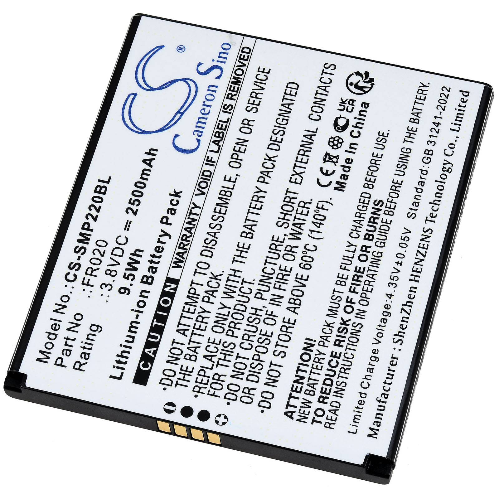 Rechteckiges Lithium-Ionen-Batteriepack, mit der Bezeichnung 'Cameron Sino', Modell CS-MNP220SL, 3,5V, 2500mAh, mit Sicherheitswarnungen und Spezifikationen.