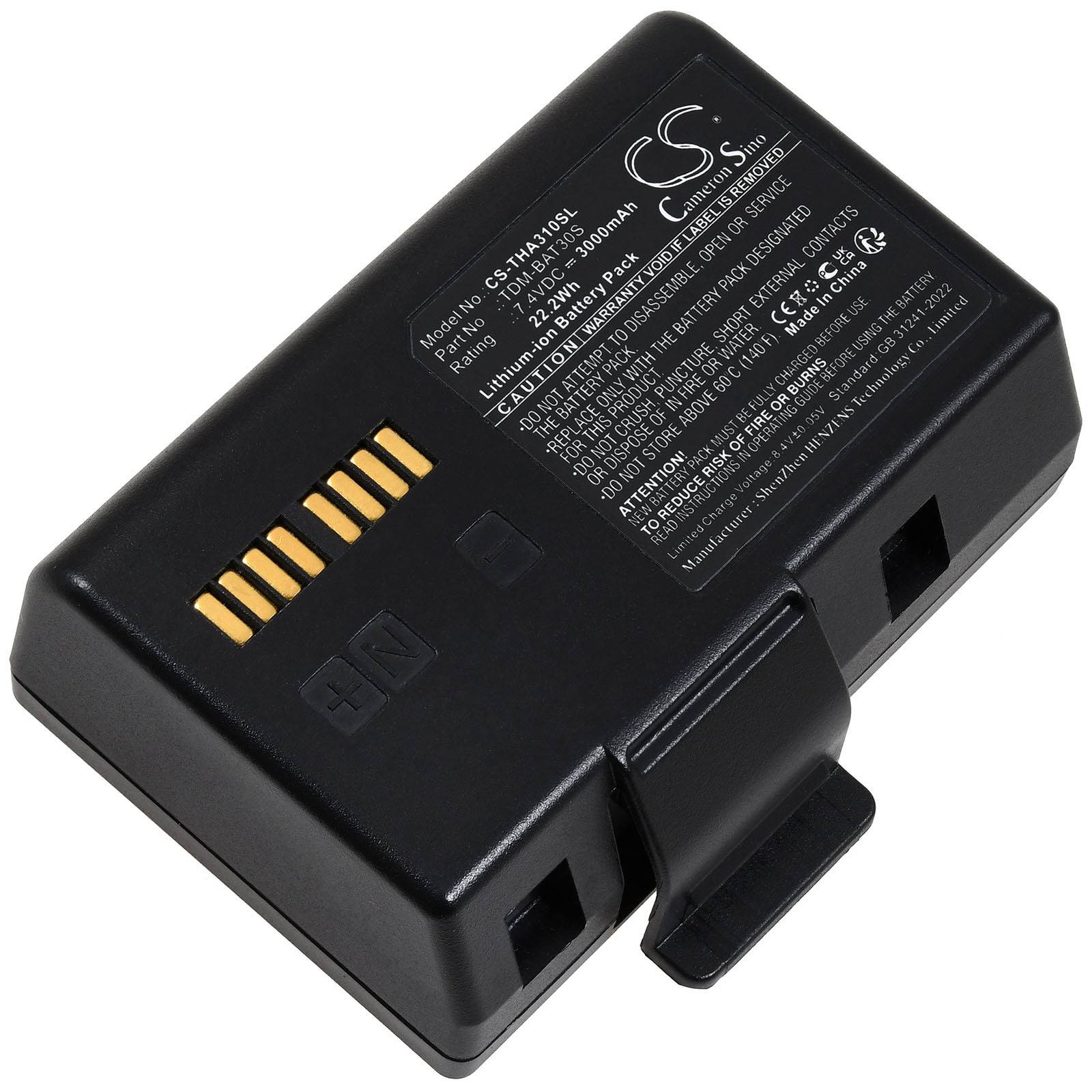 Schwarze Lithium-Ionen-Batterie mit goldenen Steckkontakten und detaillierten Spezifikationen auf dem Etikett.