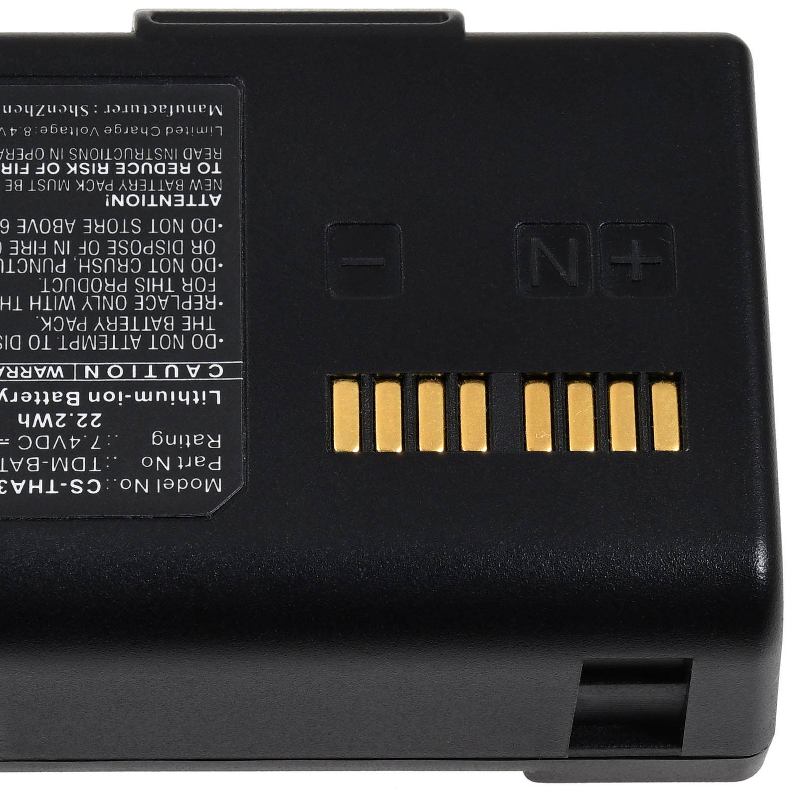 Eine schwarze rechteckige Lithium-Ionen-Batterie mit goldenen Kontaktpunkten und Warntext zu ordnungsgemäßer Verwendung und Gefahren.