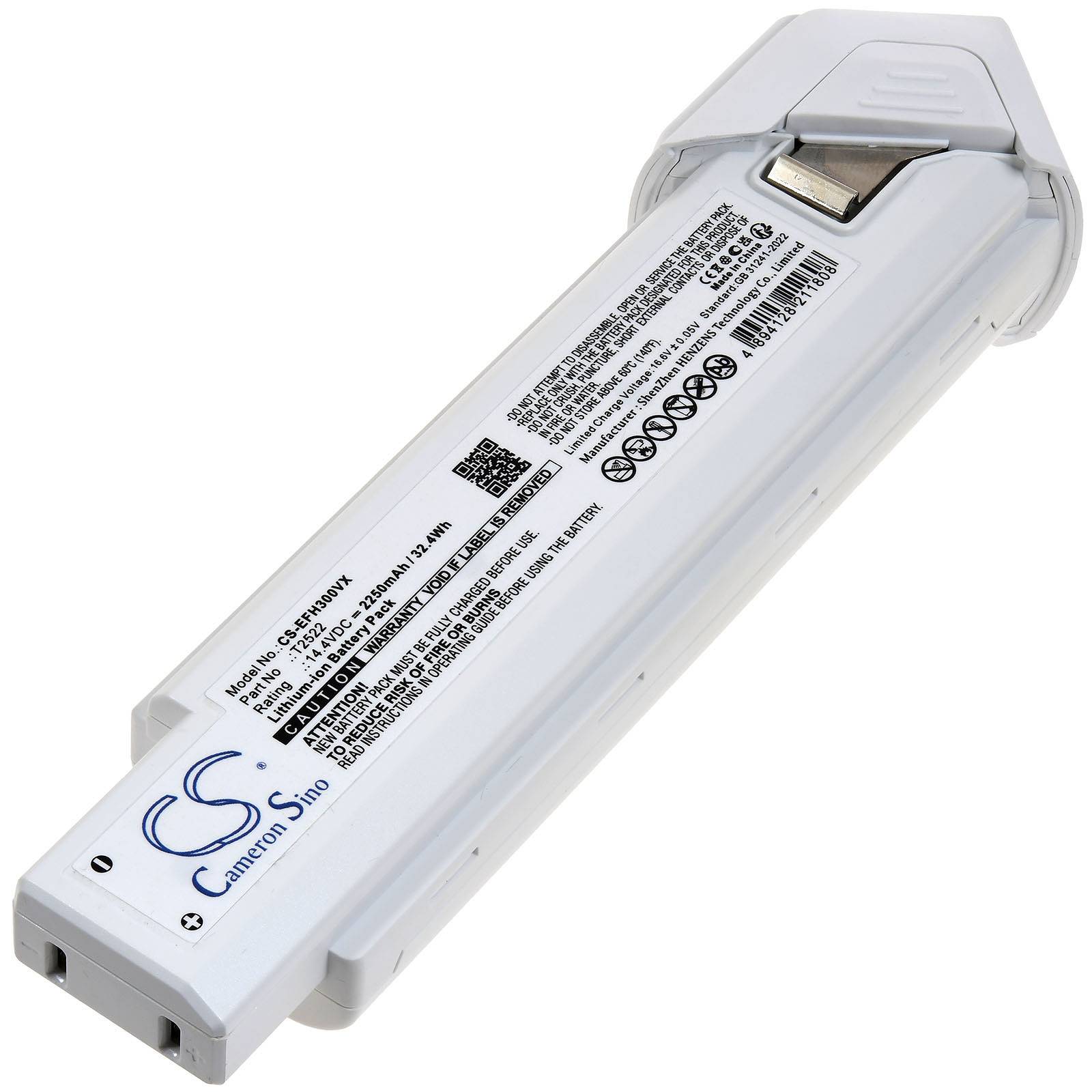 Lithium-Ionen-Akku in weißem Gehäuse, gekennzeichnet mit Produktspezifikationen und Sicherheitszeichen, für elektronische Geräte entwickelt.