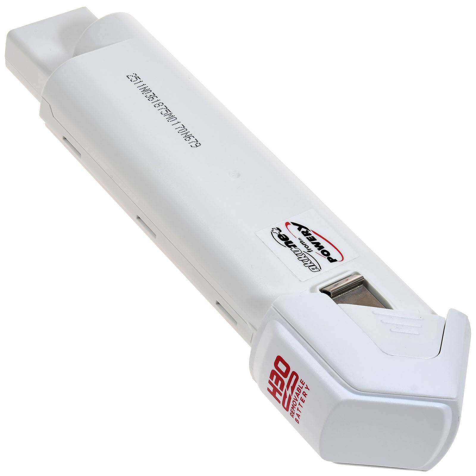 Ein weißes Kunststoff-H2O-Wassertestgerät mit digitalem Display und einer Sensorfühler-Spitze zum Testen der Wasserqualität.