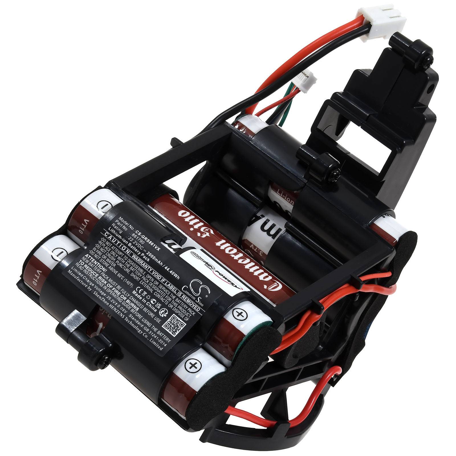 Batteriepack für iRobot Roomba, bestehend aus mehreren AA-Batterien, die in einem Gitter in einem schwarzen Kunststoffgehäuse angeordnet sind, mit verbundenen Drähten.