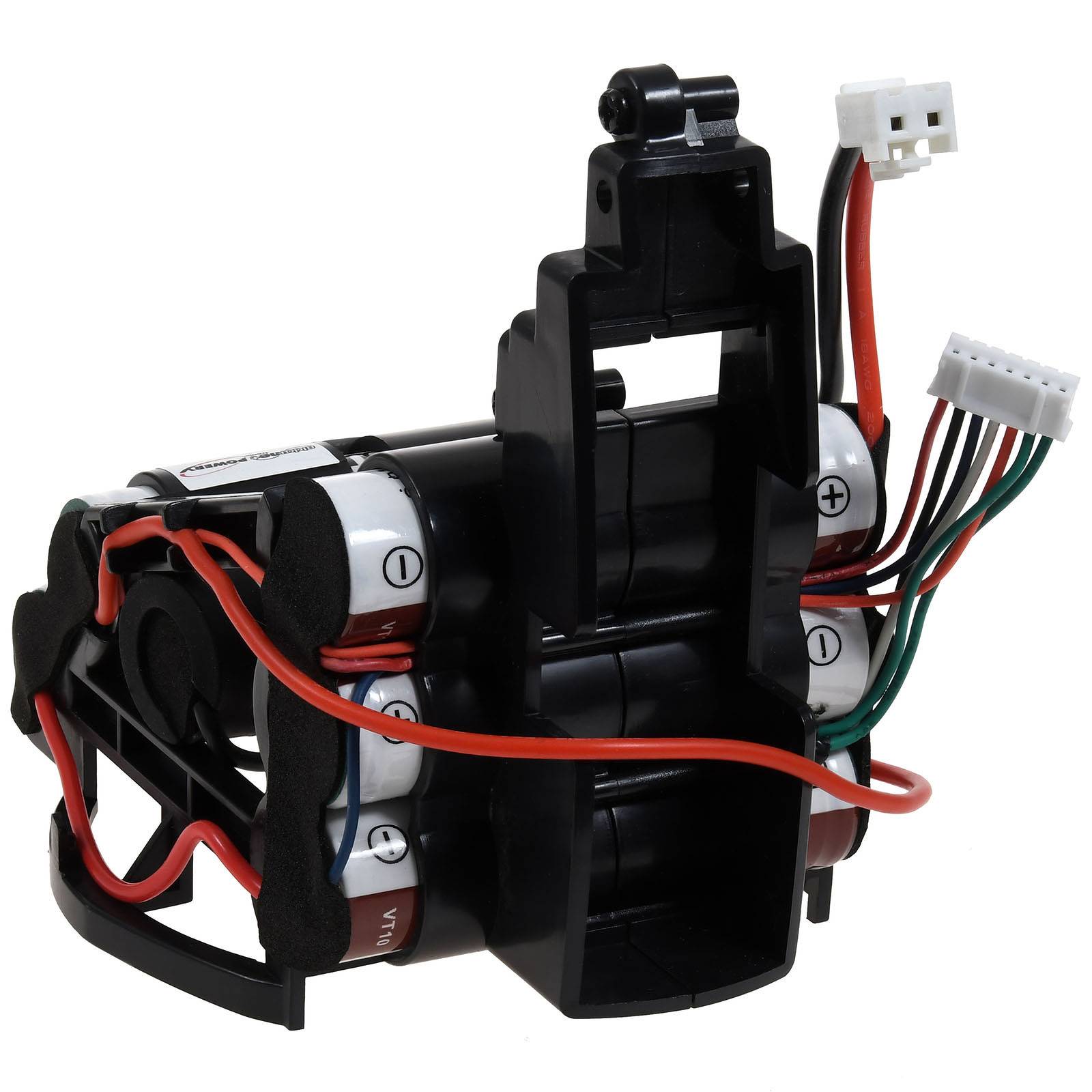 Eine kompakte Baugruppe aus Batterien und Steckverbindern, wahrscheinlich Teil der Stromversorgung eines elektronischen Geräts, mit sichtbaren roten und schwarzen Drähten.