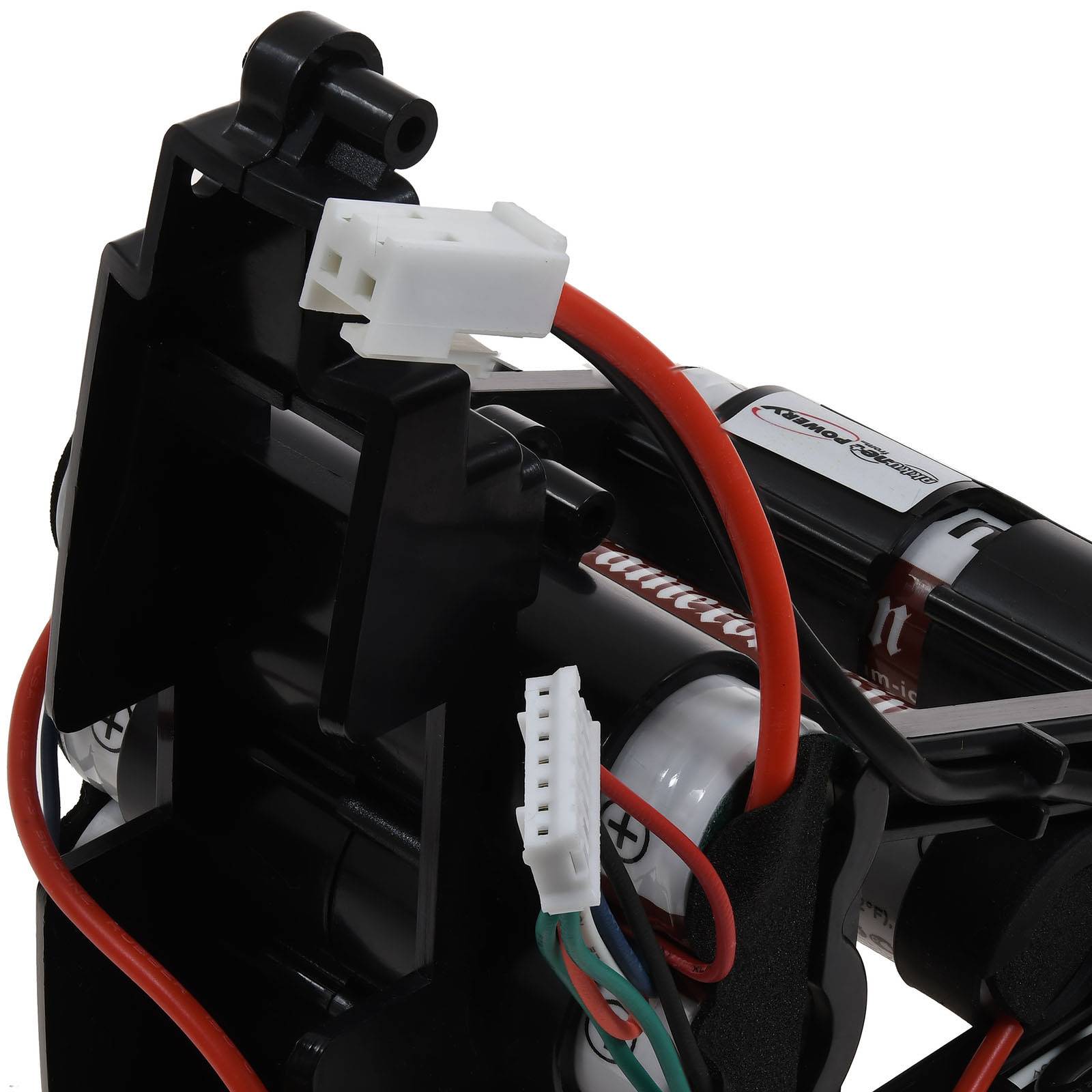 Nahaufnahme eines schwarzen mechanischen Geräts mit sichtbaren roten und weißen Drähten und Anschlüssen, die an seiner Struktur befestigt sind.