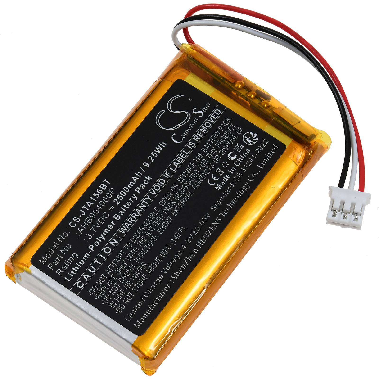 Aufladbare Lithium-Polymer-Batterie mit schützender gelber Ummantelung, gekennzeichnet mit Spezifikationen. Drähte und ein weißer Stecker sind angebracht.