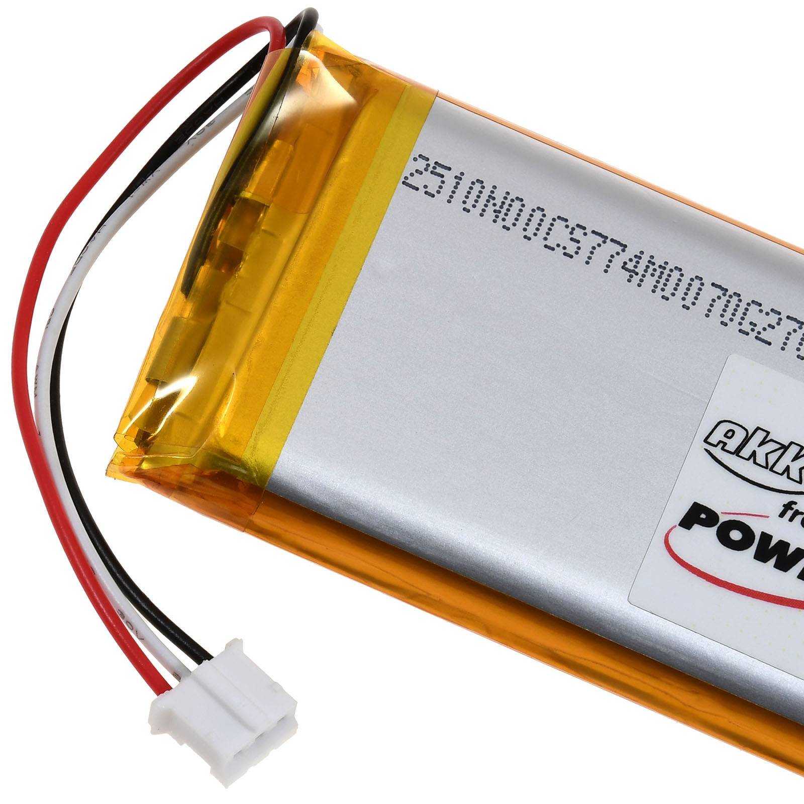 Ein dünnes, rechteckiges Lithium-Polymer-Akku mit orangefarbener Umrandung, verbunden mit zwei Drähten, die in einem weißen Stecker enden.