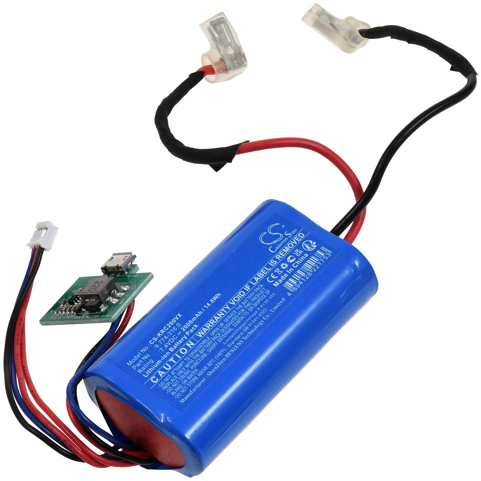 Eine blaue zylindrische wiederaufladbare Batterie mit angebrachten roten und schwarzen Kabeln, Steckverbindern und einer kleinen Leiterplatte mit elektronischen Komponenten.