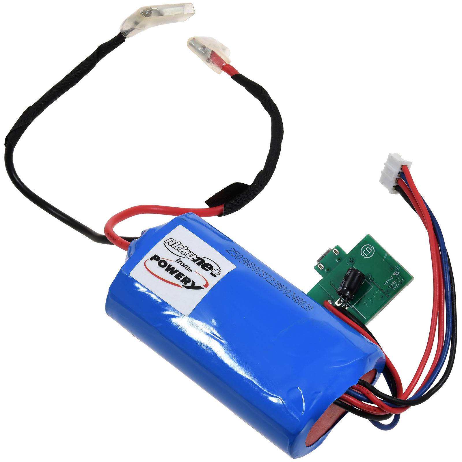 Ein blauer wiederaufladbarer Akku mit angebrachten Drähten und einer kleinen grünen Leiterplatte, gekennzeichnet mit 