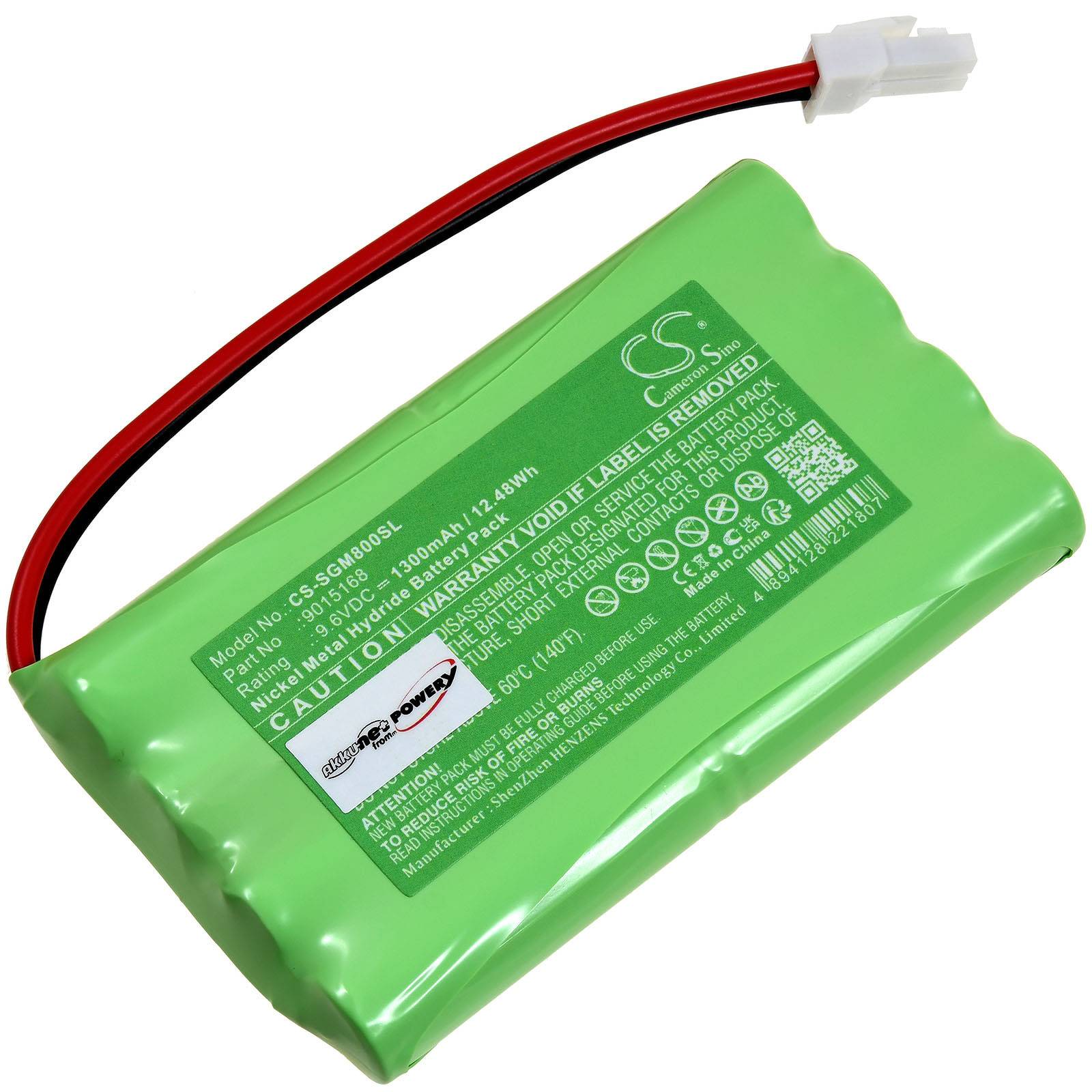 Ein grüner wiederaufladbarer Akku-Pack mit Spezifikationen, einschließlich Modell CS-SCM609SL, 14,4V, 3000mAh und 43,20Wh, und einem weißen Stecker.