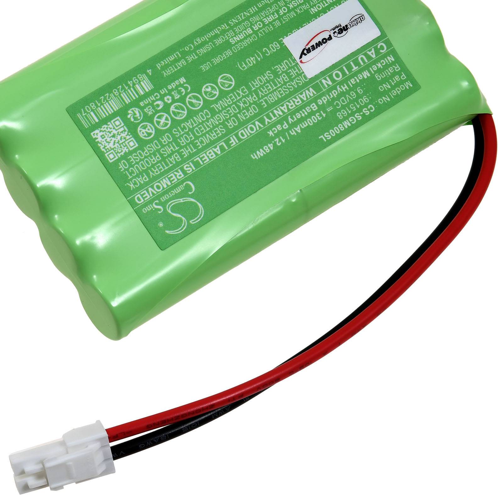 Grüner wiederaufladbarer Akku mit aufgedruckten Spezifikationen, ausgestattet mit roten und schwarzen Kabeln und einem weißen Stecker.