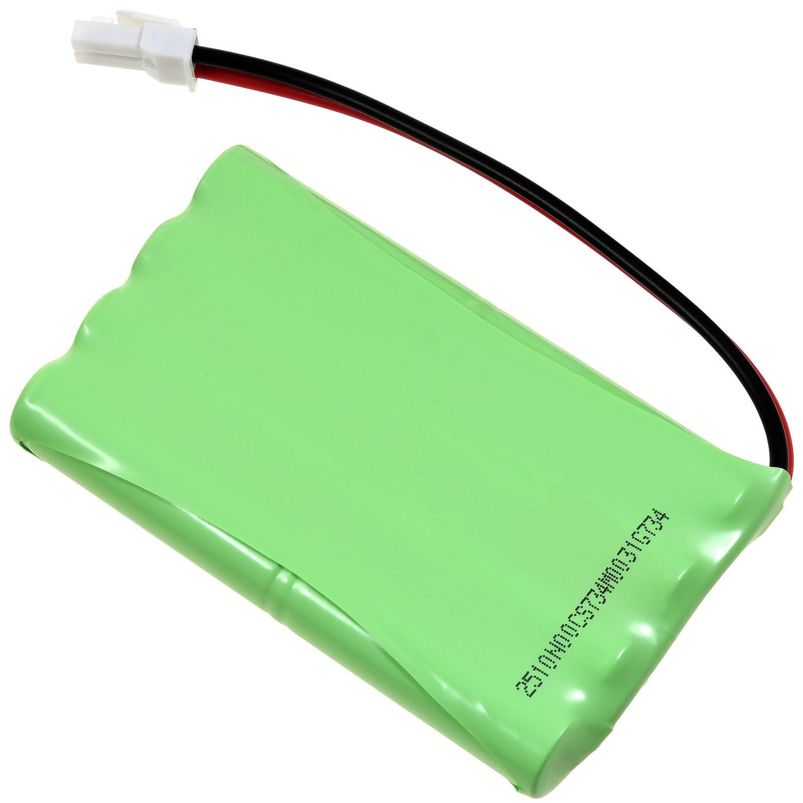 Ein grünes aufladbares Batteriepack mit schwarzen und roten Kabeln, die in einen weißen Stecker enden, wahrscheinlich für ein elektronisches Gerät.